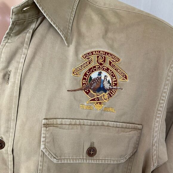 Rare Polo By Ralph Lauren Cotton Pheasant Patch Back Graphic Print Shirt Khaki L - Picture 17 of 17